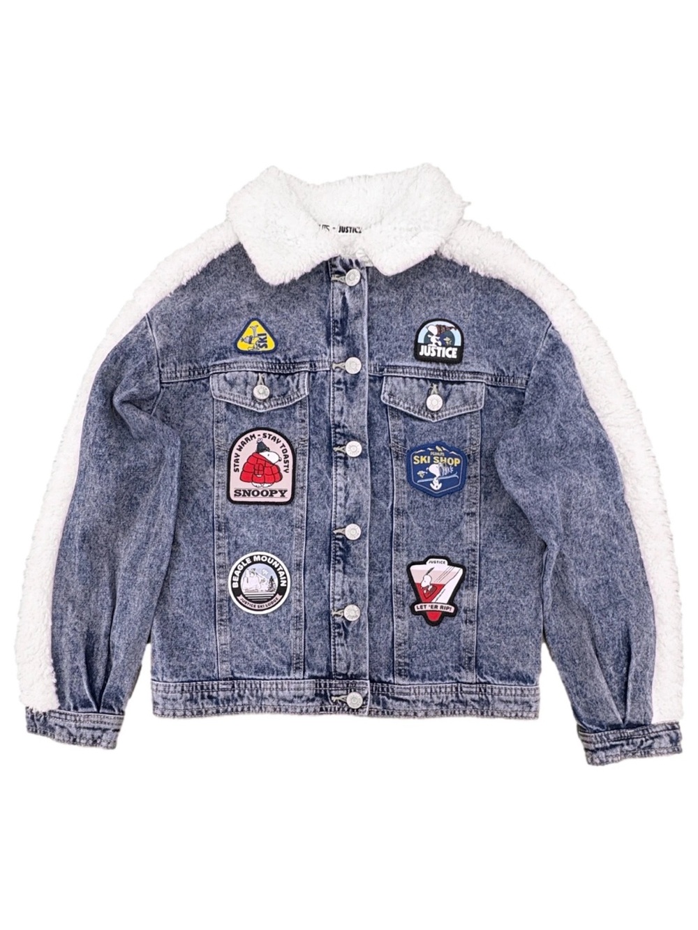 Justice Blue Denim Jacket with White Sherpa Trim and Patch Details